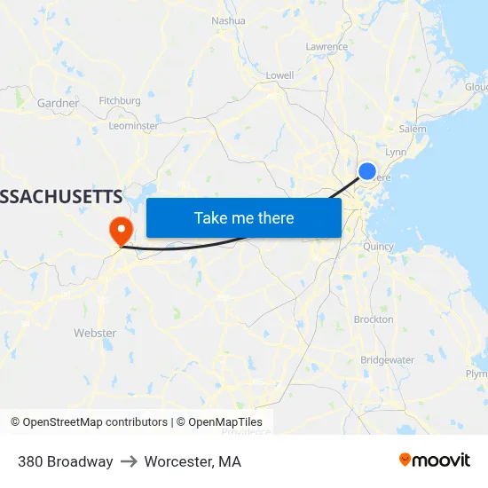 380 Broadway to Worcester, MA map
