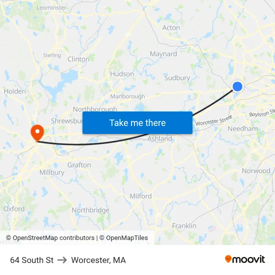 64 South St to Worcester, MA map