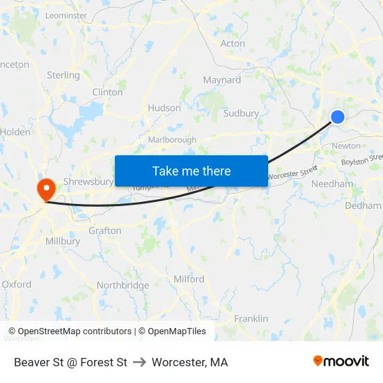 Beaver St @ Forest St to Worcester, MA map