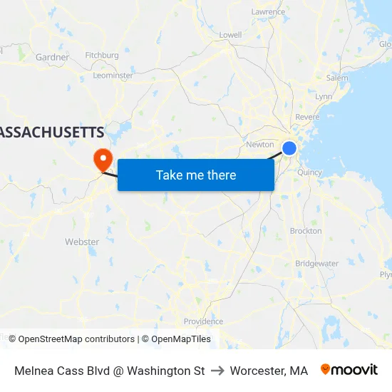 Melnea Cass Blvd @ Washington St to Worcester, MA map