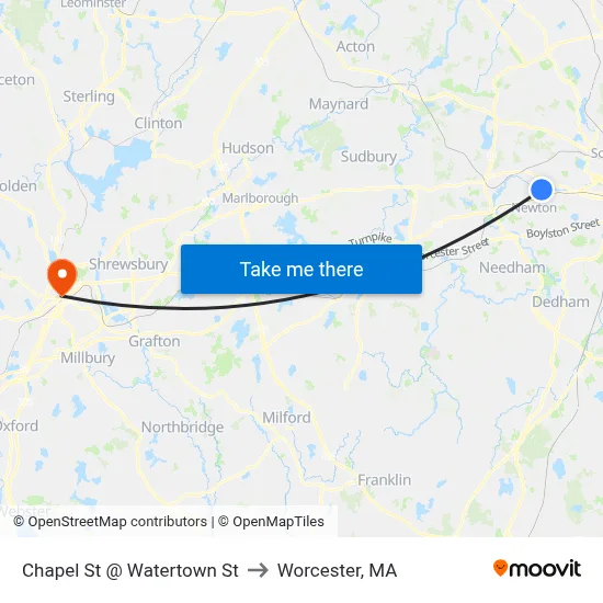 Chapel St @ Watertown St to Worcester, MA map