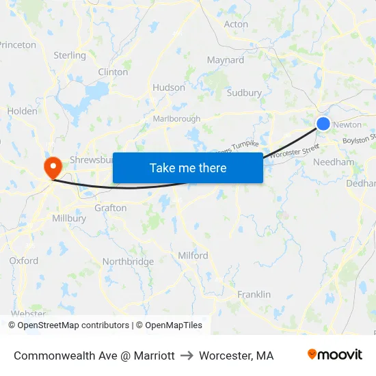Commonwealth Ave @ Marriott to Worcester, MA map