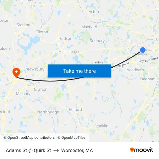 Adams St @ Quirk St to Worcester, MA map