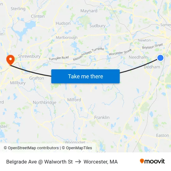 Belgrade Ave @ Walworth St to Worcester, MA map