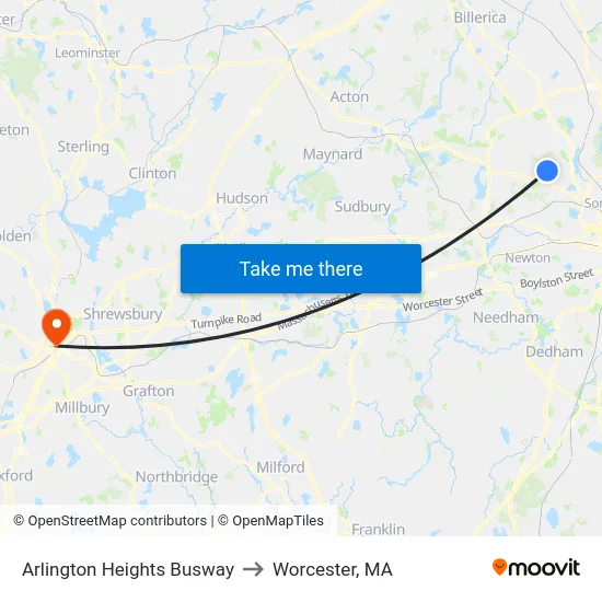 Arlington Heights Busway to Worcester, MA map