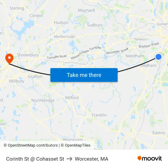 Corinth St @ Cohasset St to Worcester, MA map