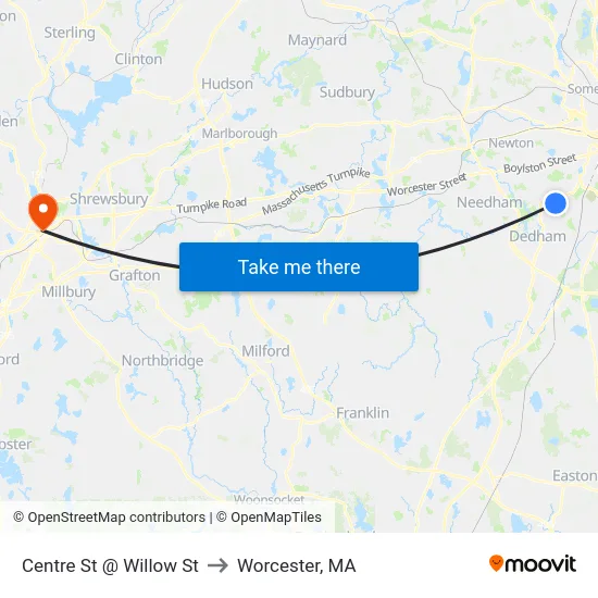 Centre St @ Willow St to Worcester, MA map