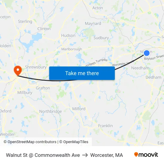 Walnut St @ Commonwealth Ave to Worcester, MA map