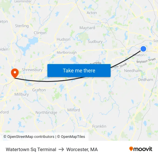 Watertown Sq Terminal to Worcester, MA map