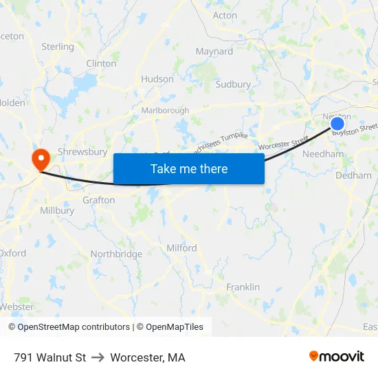 791 Walnut St to Worcester, MA map