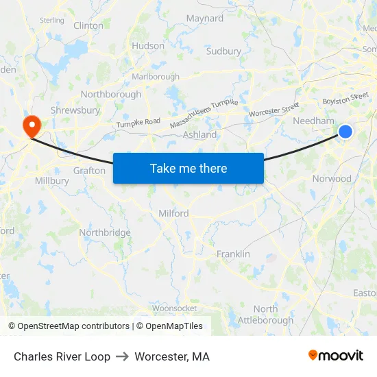 Charles River Loop to Worcester, MA map