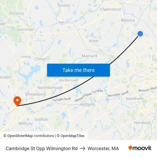 Cambridge St Opp Wilmington Rd to Worcester, MA map