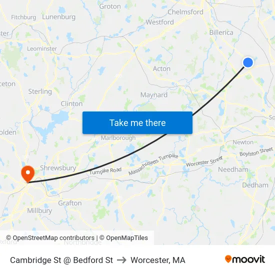 Cambridge St @ Bedford St to Worcester, MA map