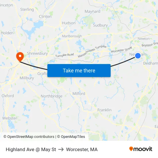Highland Ave @ May St to Worcester, MA map