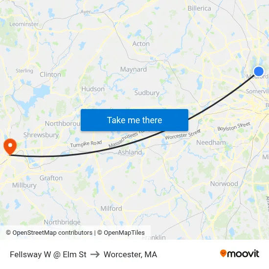 Fellsway W @ Elm St to Worcester, MA map