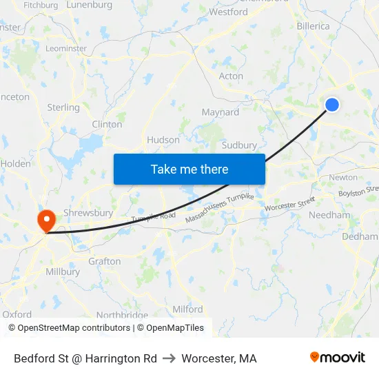 Bedford St @ Harrington Rd to Worcester, MA map