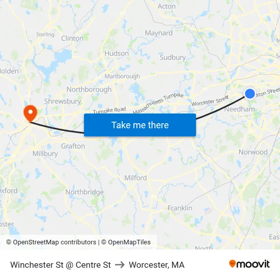 Winchester St @ Centre St to Worcester, MA map