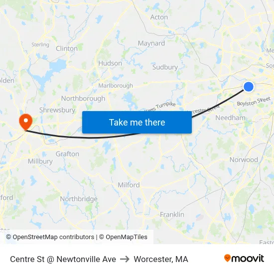 Centre St @ Newtonville Ave to Worcester, MA map