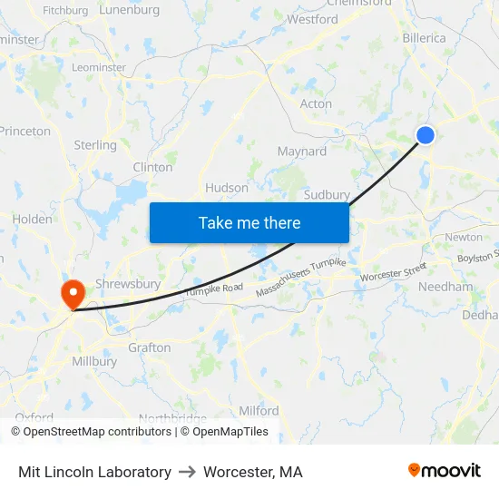 Mit Lincoln Laboratory to Worcester, MA map