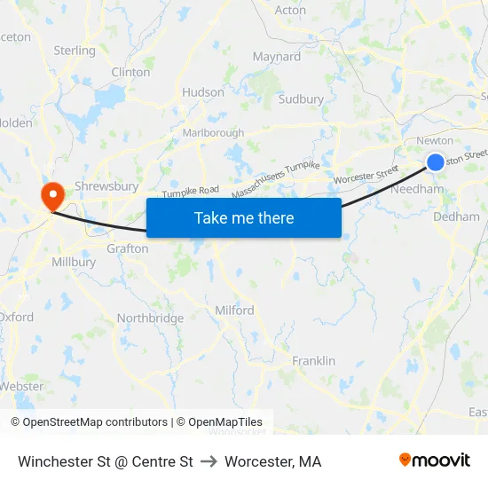 Winchester St @ Centre St to Worcester, MA map