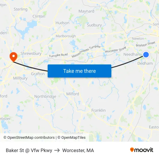 Baker St @ Vfw Pkwy to Worcester, MA map