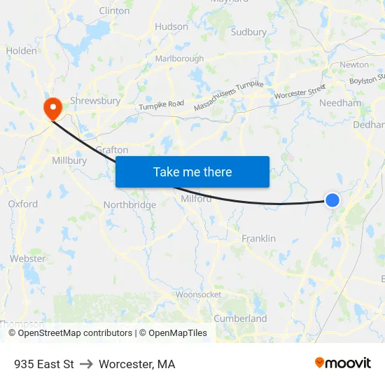 935 East St to Worcester, MA map