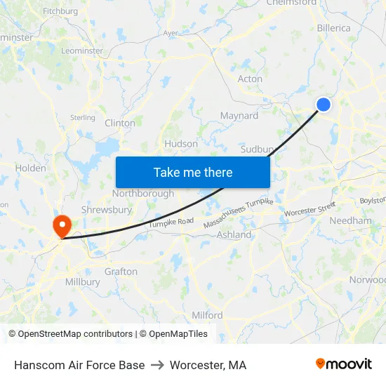 Hanscom Air Force Base to Worcester, MA map