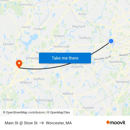 Main St @ Stow St to Worcester, MA map