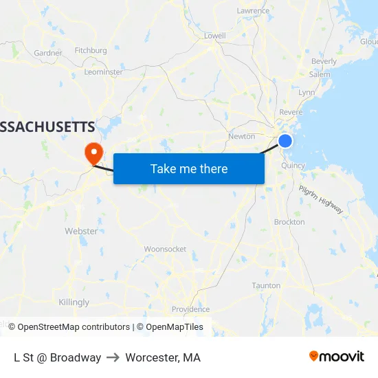L St @ Broadway to Worcester, MA map