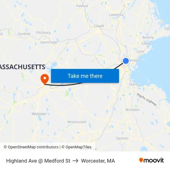 Highland Ave @ Medford St to Worcester, MA map