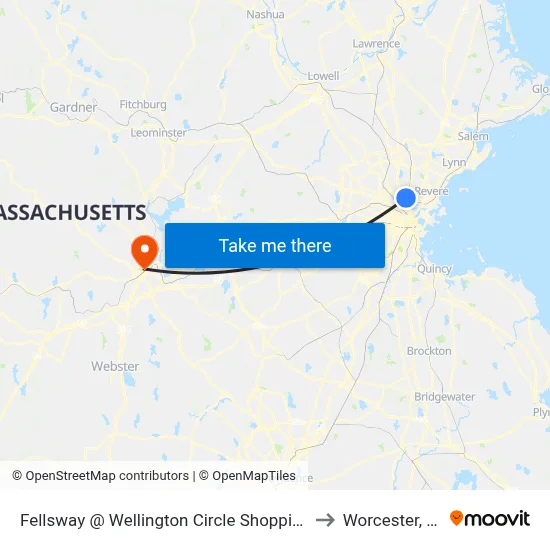 Fellsway @ Wellington Circle Shopping Ctr to Worcester, MA map