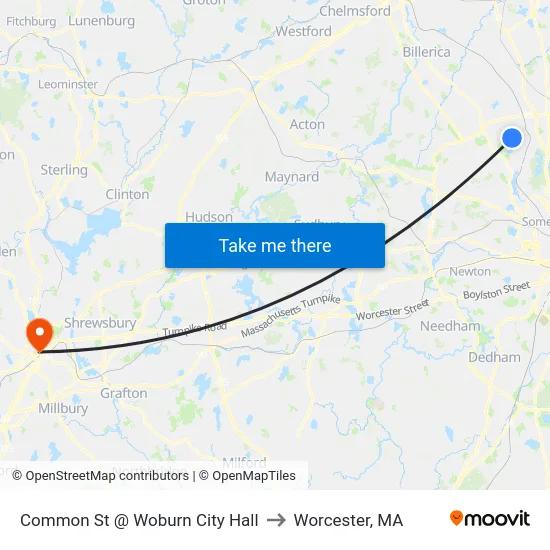Common St @ Woburn City Hall to Worcester, MA map