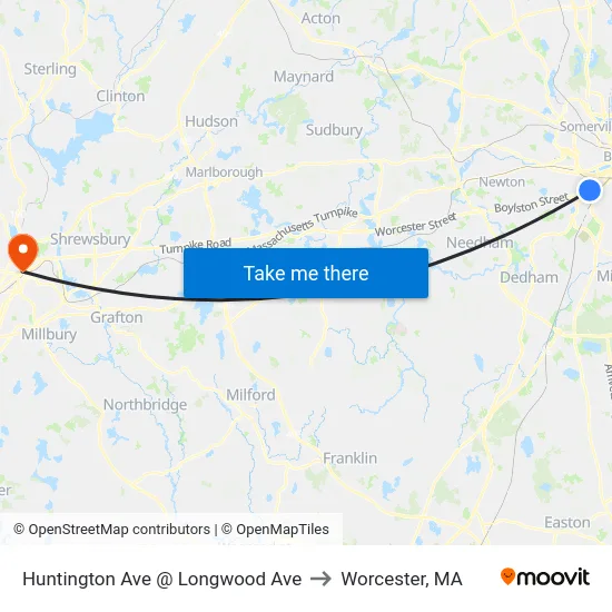 Huntington Ave @ Longwood Ave to Worcester, MA map