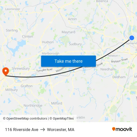 116 Riverside Ave to Worcester, MA map
