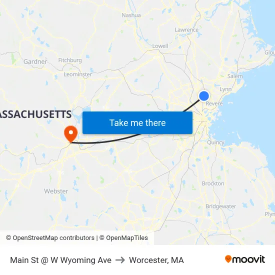 Main St @ W Wyoming Ave to Worcester, MA map