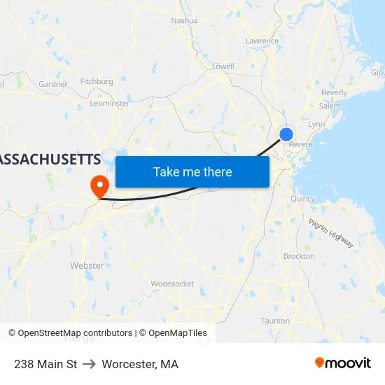 238 Main St to Worcester, MA map