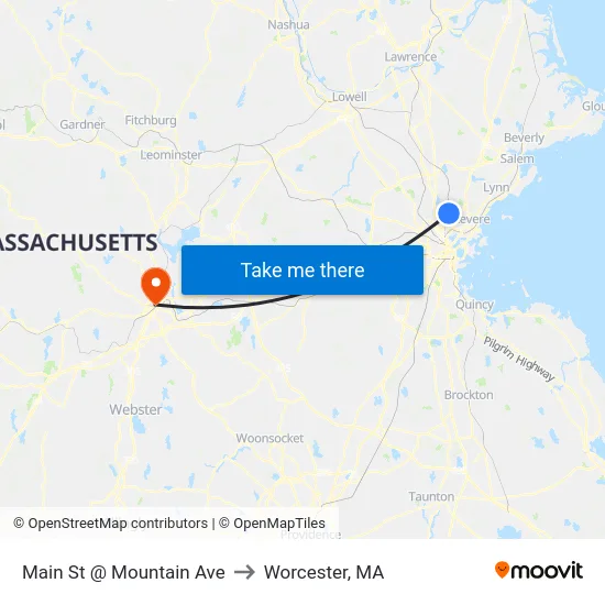 Main St @ Mountain Ave to Worcester, MA map