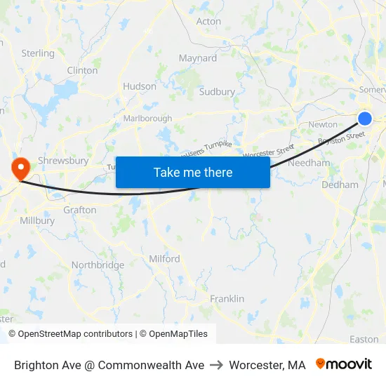 Brighton Ave @ Commonwealth Ave to Worcester, MA map