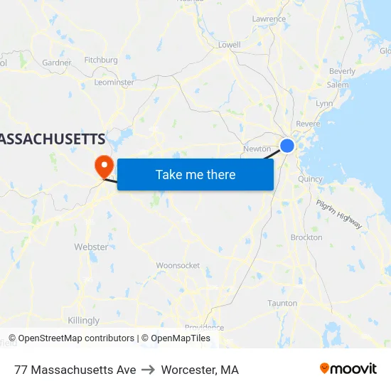 77 Massachusetts Ave to Worcester, MA map