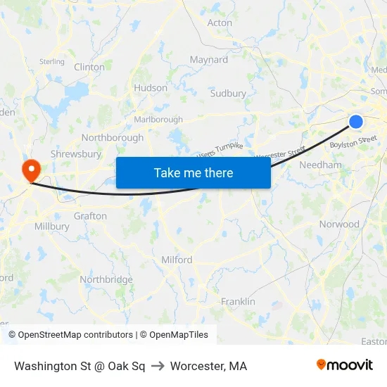 Washington St @ Oak Sq to Worcester, MA map