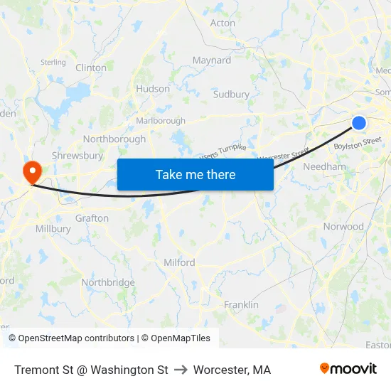 Tremont St @ Washington St to Worcester, MA map