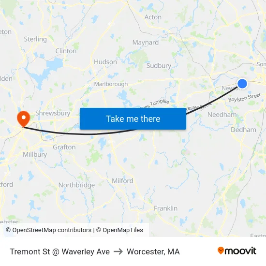 Tremont St @ Waverley Ave to Worcester, MA map