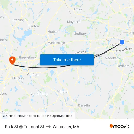 Park St @ Tremont St to Worcester, MA map