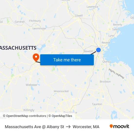 Massachusetts Ave @ Albany St to Worcester, MA map