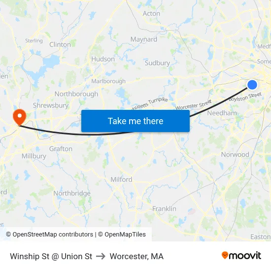 Winship St @ Union St to Worcester, MA map