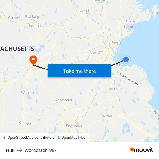 Hull to Worcester, MA map