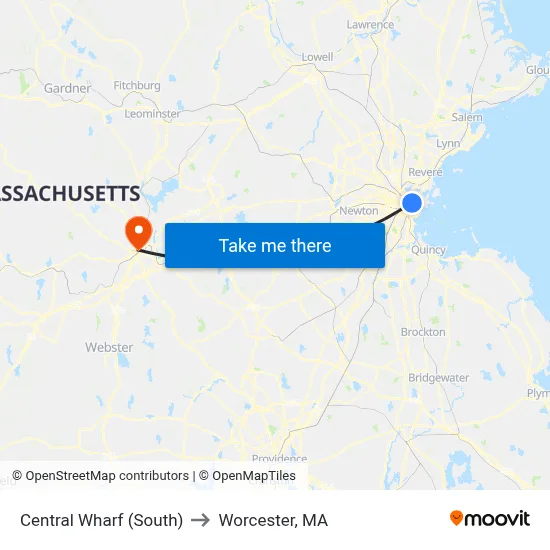 Central Wharf (South) to Worcester, MA map