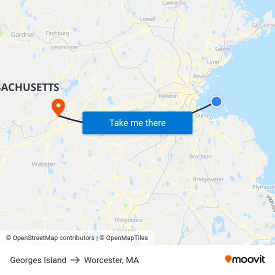 Georges Island to Worcester, MA map