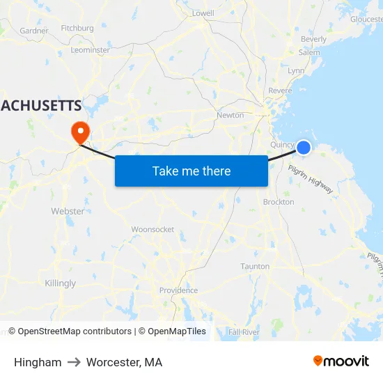 Hingham to Worcester, MA map