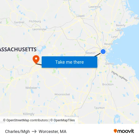 Charles/Mgh to Worcester, MA map